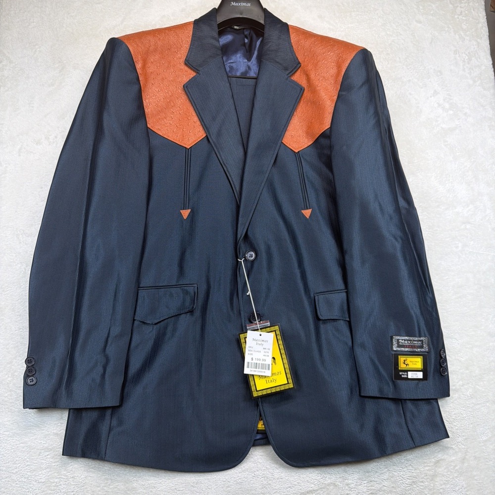 Vintage Western Suit Mens 46R 38 Blue Cognac Cowboy Rockabilly Deadstock 2 Piece